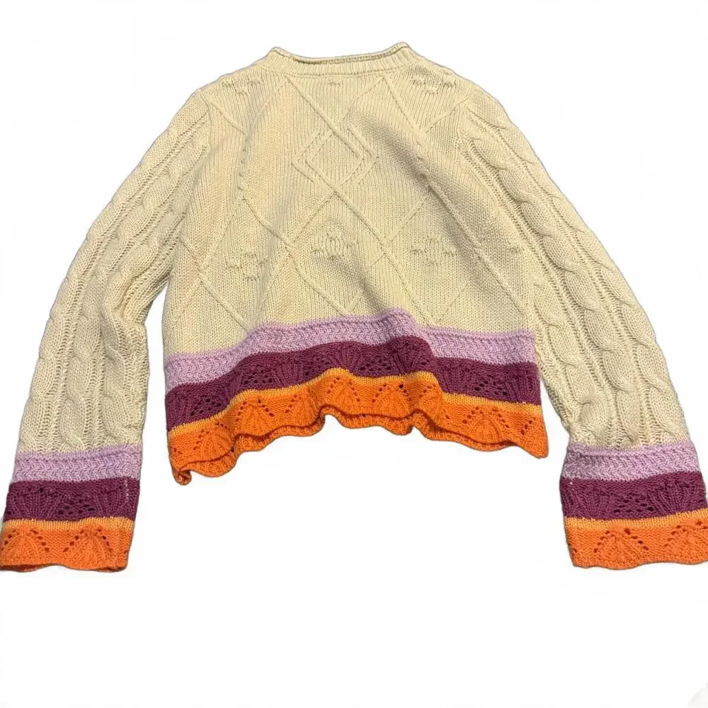 Pink Robin Cable Knit Colorblock Sweater Scalloped Hem XS